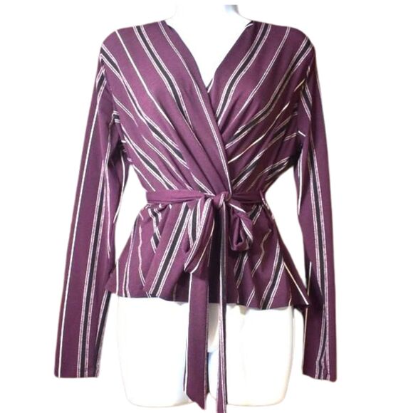 Womens Long Sleeve Striped Blouse Size Medium Ties V Neck Low Cut Casual - Picture 1 of 15